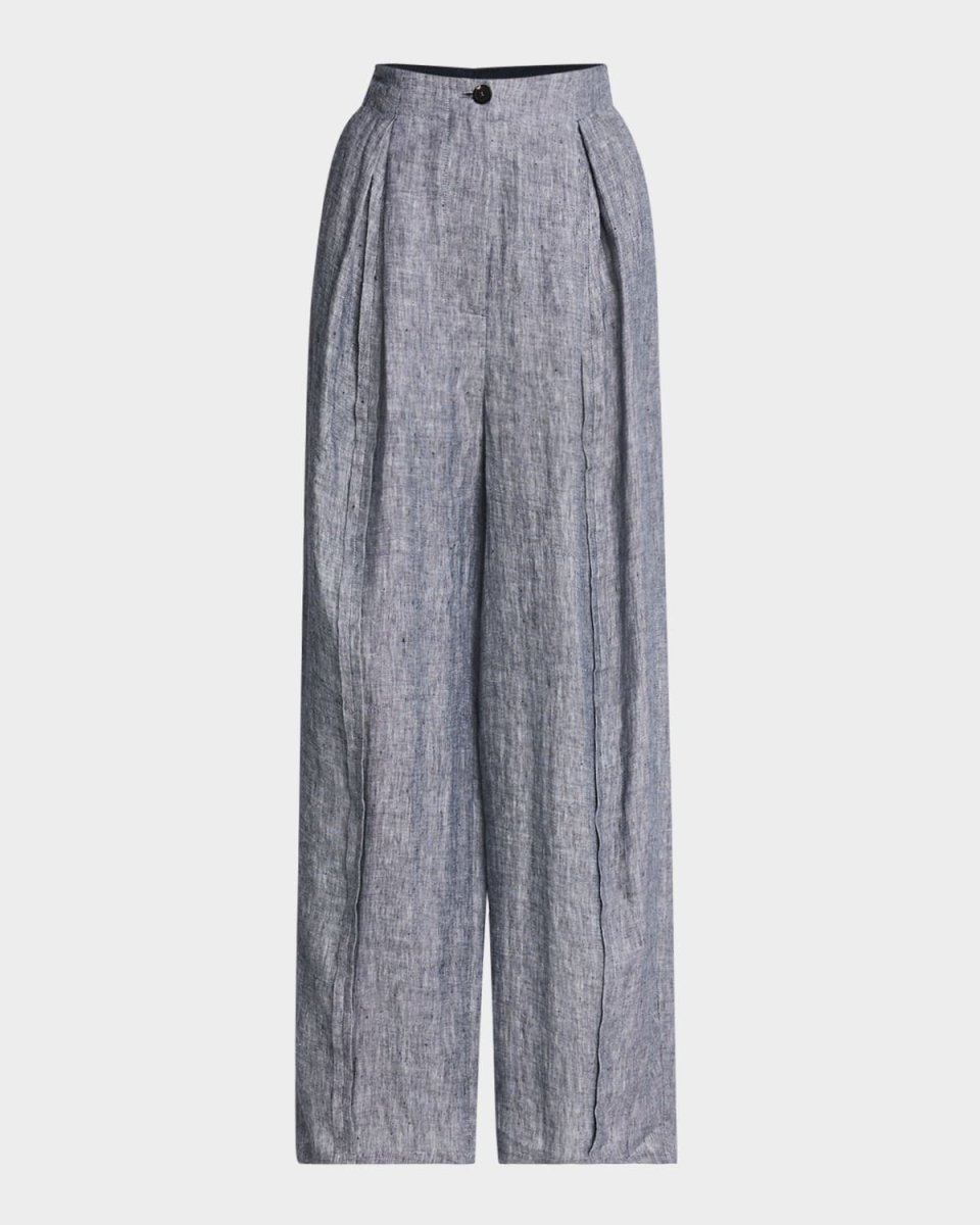 Pleated Wide-Leg Linen Chambray Trousers